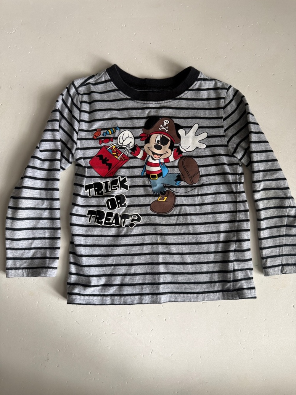 Disney Mickey Halloween Pirate Striped Kids Shirt - Black and Gray 4T